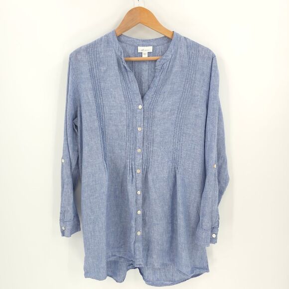 J.Jill 100% Linen Pintuck Tunic Top Button Front Roll-Tab Sleeve Blue Love Linen - Picture 2 of 15